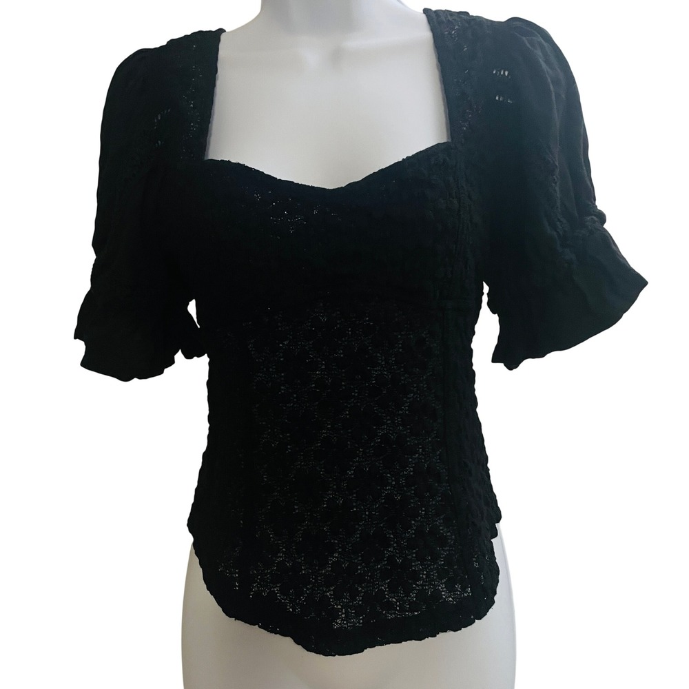 Free People Womens Y2K Whimsigoth Romantic Lace Eyelet Top S Black Boho Witchy